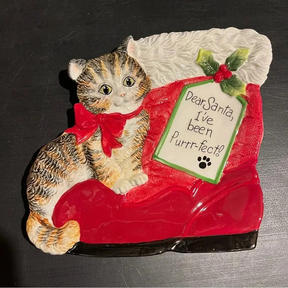 Fitz & Floyd Claus & Paws Cat Canapé Christmas Plate “Dear Santa “ Plate - Picture 2 of 11
